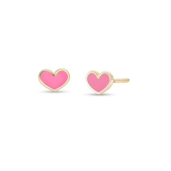 Child's Pink Enamel Heart Stud Earrings in 14K Gold