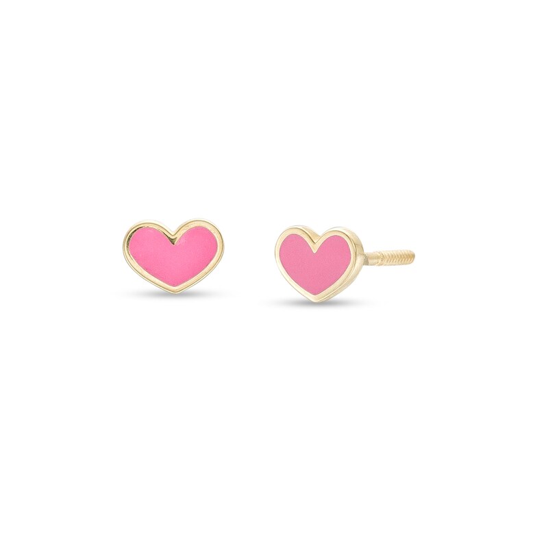 Main Image 1 of Child's Pink Enamel Heart Stud Earrings in 14K Gold