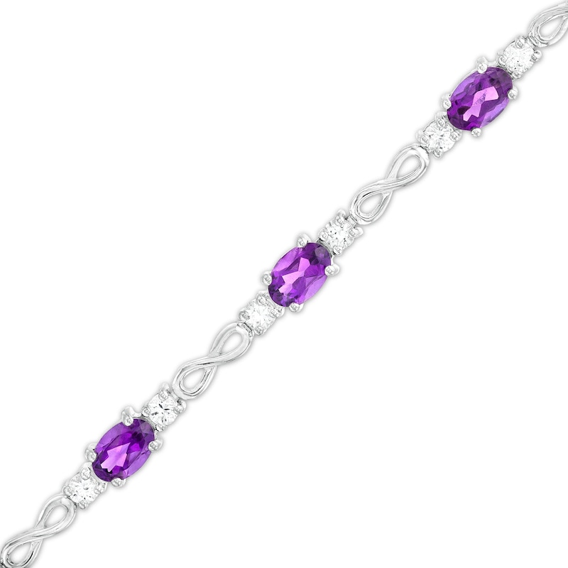 Main Image 1 of Oval Amethyst and White Lab-Created Sapphire Alternating Infinity Loop Link Bracelet in Sterling Silver – 7.25"