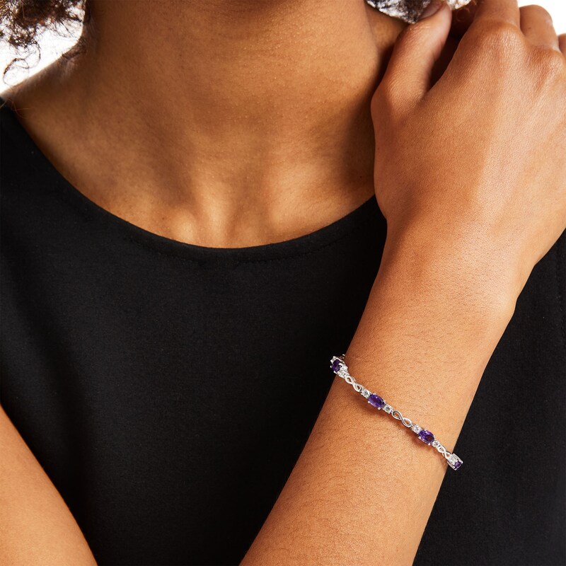 Main Image 2 of Oval Amethyst and White Lab-Created Sapphire Alternating Infinity Loop Link Bracelet in Sterling Silver – 7.25"