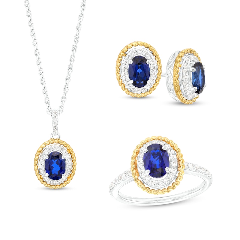 Oval Blue and White Lab-Created Sapphire Rope-Textured Frame Three Piece Set in Sterling Silver with 14K Gold Plate - Size 7