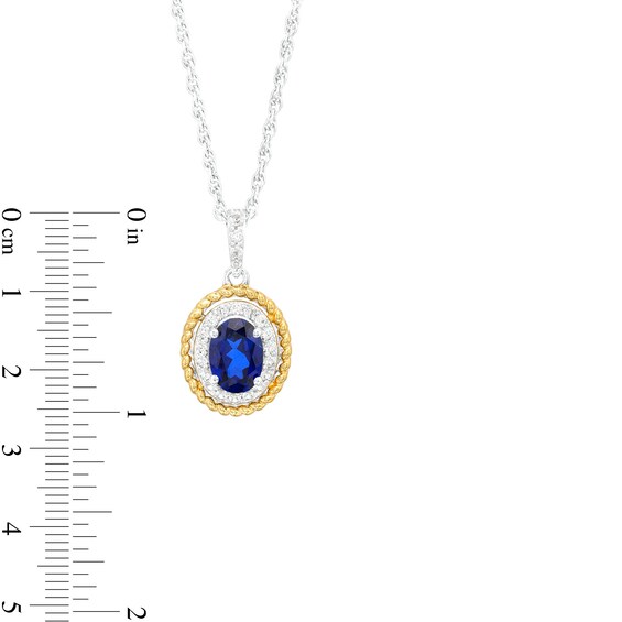Oval Blue and White Lab-Created Sapphire Rope-Textured Frame Three Piece Set in Sterling Silver with 14K Gold Plate - Size 7