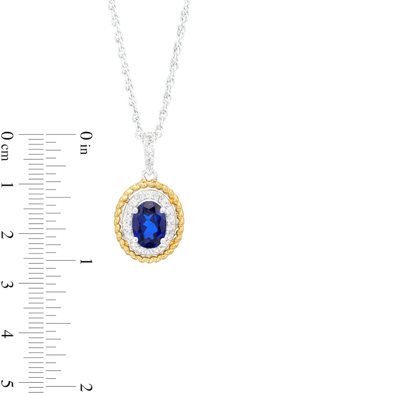 Main Image 4 of Oval Blue and White Lab-Created Sapphire Rope-Textured Frame Three Piece Set in Sterling Silver with 14K Gold Plate - Size 7