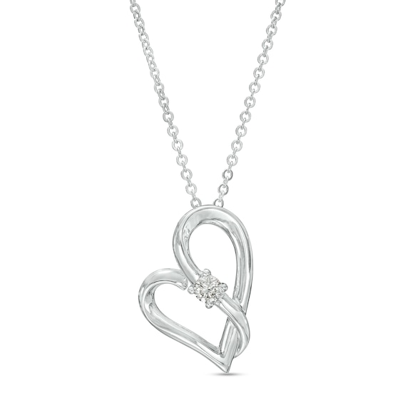 Two in Love 1/10 CT. Diamond Solitaire Crossover Ribbon Tilted Loop Heart Pendant in 10K White Gold â 19"