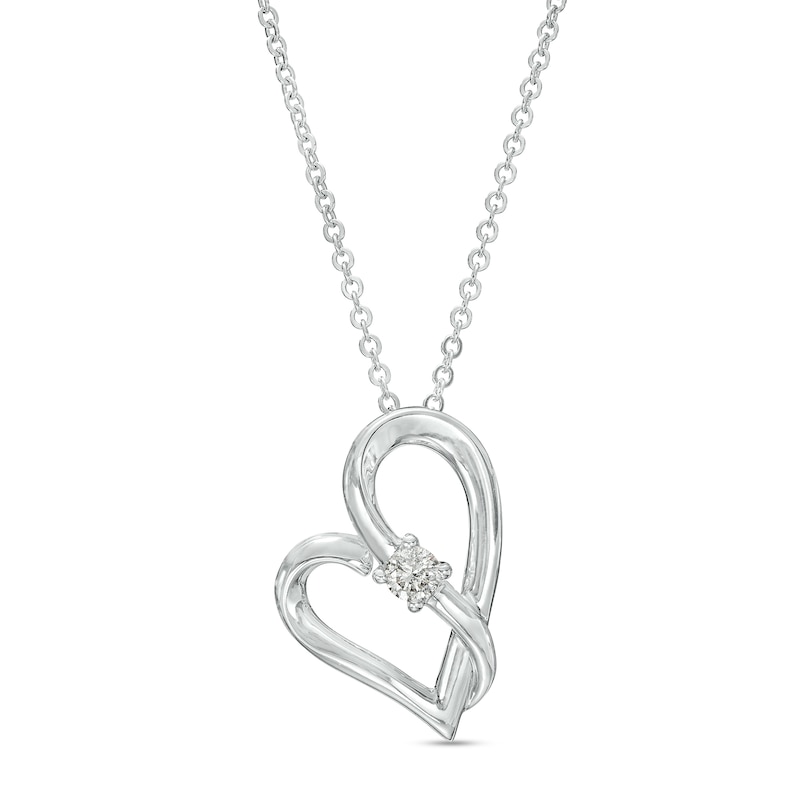 Main Image 1 of Two in Love 1/10 CT. Diamond Solitaire Crossover Ribbon Tilted Loop Heart Pendant in 10K White Gold – 19"