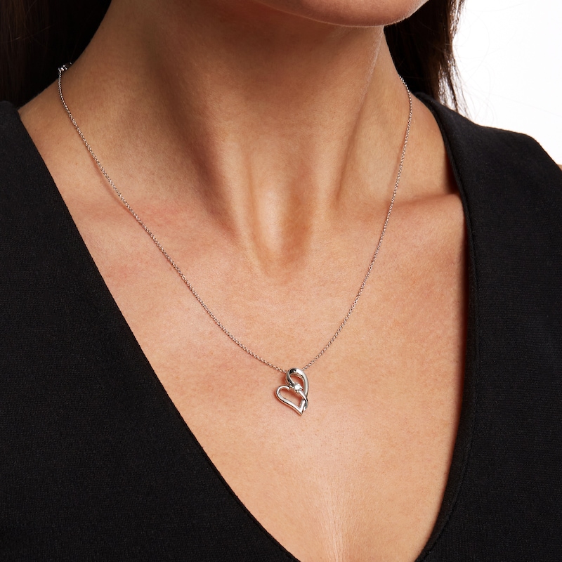 Main Image 2 of Two in Love 1/10 CT. Diamond Solitaire Crossover Ribbon Tilted Loop Heart Pendant in 10K White Gold – 19"
