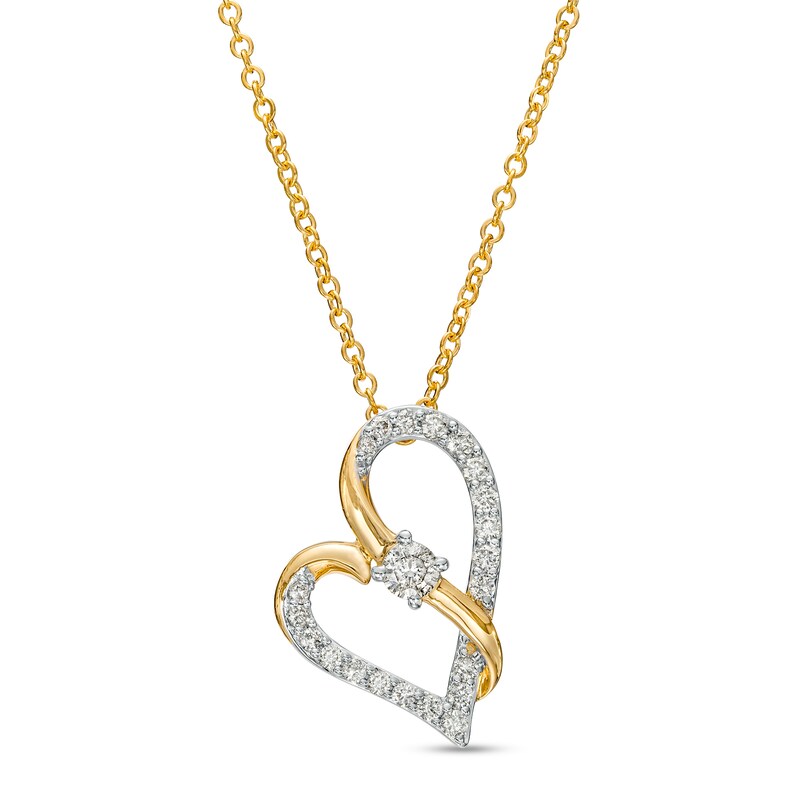 Main Image 1 of Two in Love 1/4 CT. T.W. Diamond Crossover Ribbon Tilted Loop Heart Pendant in 10K Gold – 19"