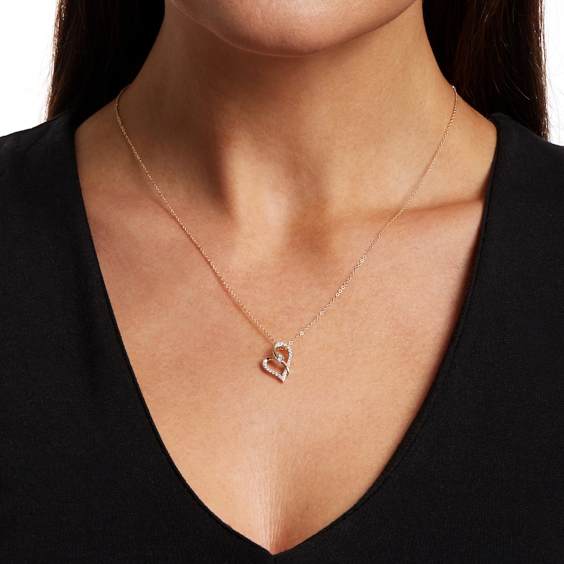 Main Image 2 of Two in Love 1/4 CT. T.W. Diamond Crossover Ribbon Tilted Loop Heart Pendant in 10K Gold – 19"