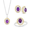 Thumbnail Image 1 of Oval Amethyst and White Lab-Created Sapphire Rope-Textured Frame Three Piece Set in Sterling Silver with 14K Gold Plate - Size 7