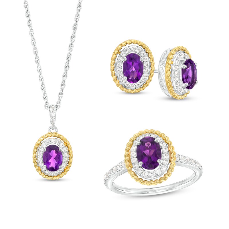 Main Image 1 of Oval Amethyst and White Lab-Created Sapphire Rope-Textured Frame Three Piece Set in Sterling Silver with 14K Gold Plate - Size 7