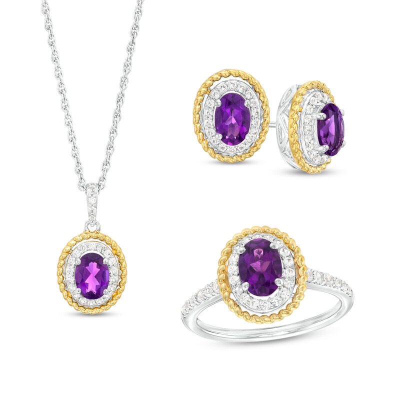 Oval Amethyst and White Lab-Created Sapphire Rope-Textured Frame Three Piece Set in Sterling Silver with 14K Gold Plate - Size 7