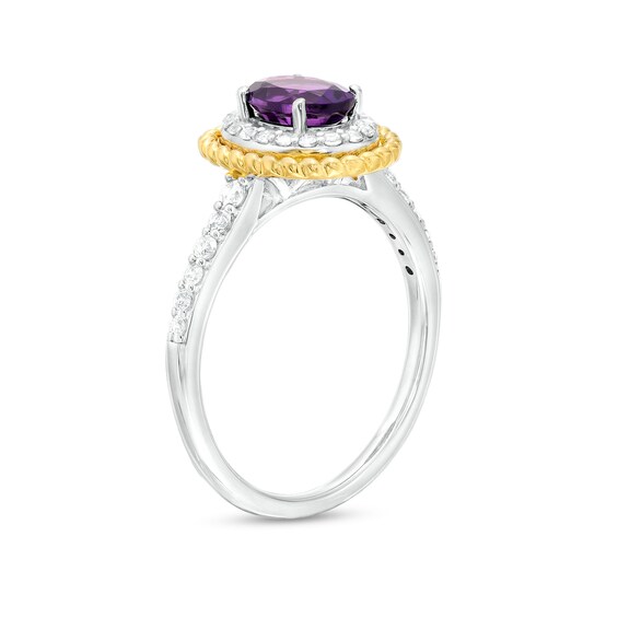 Oval Amethyst and White Lab-Created Sapphire Rope-Textured Frame Three Piece Set in Sterling Silver with 14K Gold Plate - Size 7