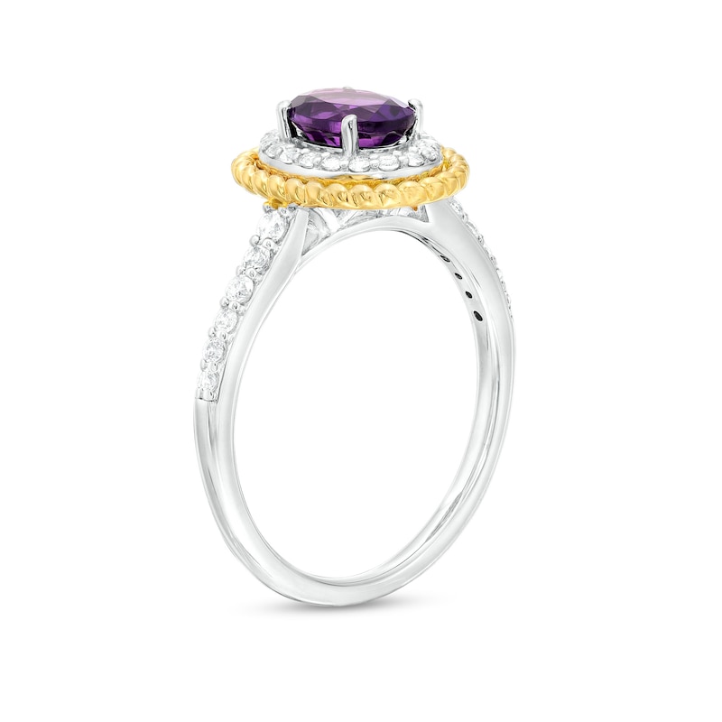 Main Image 3 of Oval Amethyst and White Lab-Created Sapphire Rope-Textured Frame Three Piece Set in Sterling Silver with 14K Gold Plate - Size 7