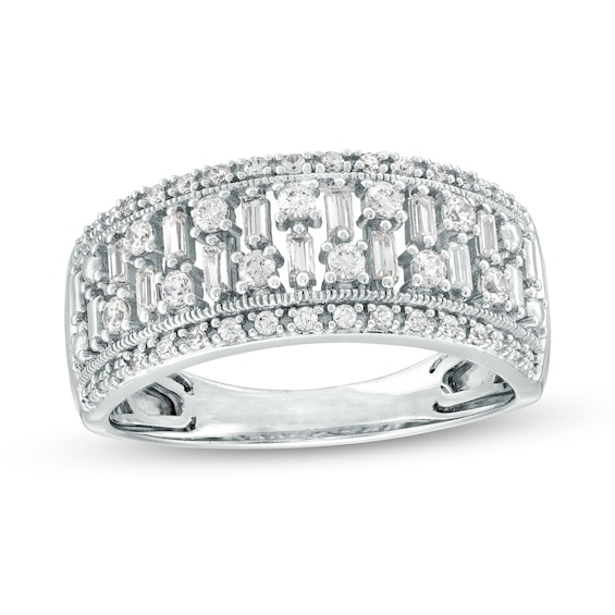 1/2 CT. T.w. Baguette and Round Diamond Multi-Row Column Ring in 14K White Gold