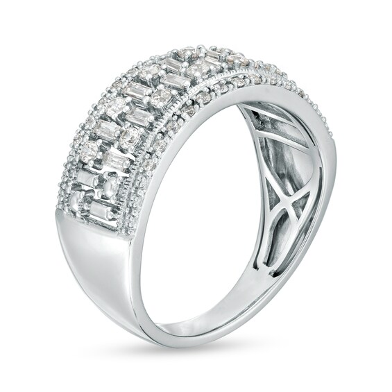 1/2 CT. T.w. Baguette and Round Diamond Multi-Row Column Ring in 14K White Gold