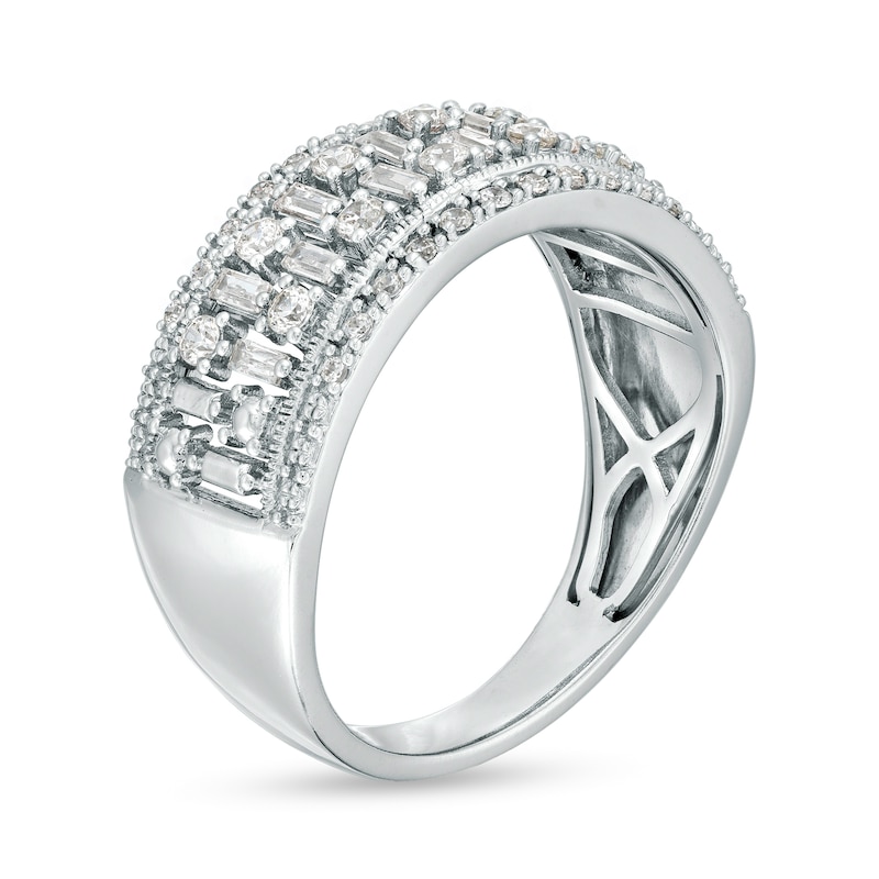 Main Image 3 of 1/2 CT. T.W. Baguette and Round Diamond Multi-Row Column Ring in 14K White Gold