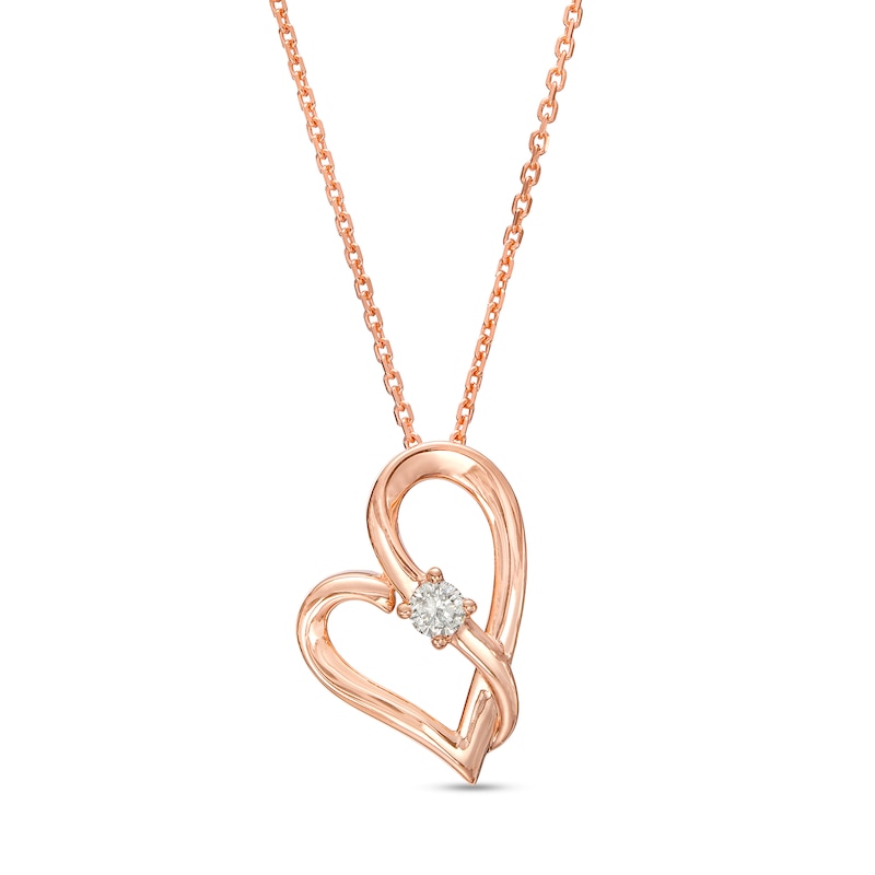 Main Image 1 of Two in Love 1/10 CT. Diamond Solitaire Crossover Ribbon Tilted Loop Heart Pendant in 10K Rose Gold – 19"