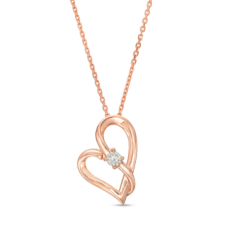 Two in Love 1/10 CT. Diamond Solitaire Crossover Ribbon Tilted Loop Heart Pendant in 10K Rose Gold – 19"