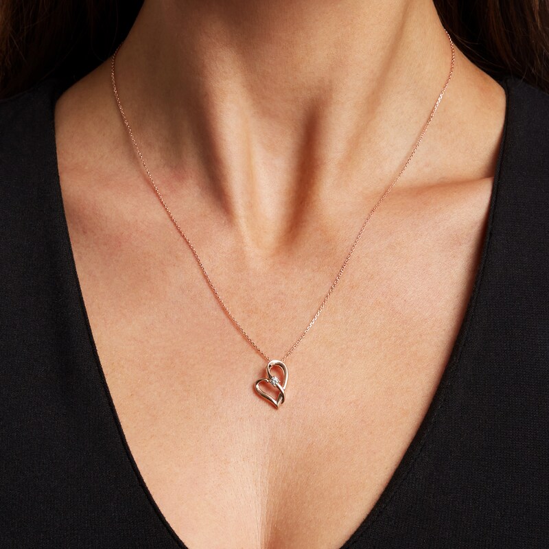 Main Image 2 of Two in Love 1/10 CT. Diamond Solitaire Crossover Ribbon Tilted Loop Heart Pendant in 10K Rose Gold – 19"