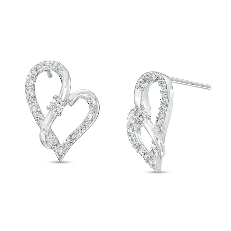 Main Image 1 of Two in Love 1/4 CT. T.W. Diamond Crossover Ribbon Loop Heart Stud Earrings in 10K White Gold