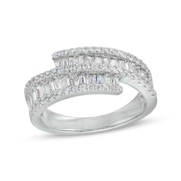 1 CT. T.W. Baguette and Round Diamond Triple Row Ribbon Bypass Ring in 10K White Gold