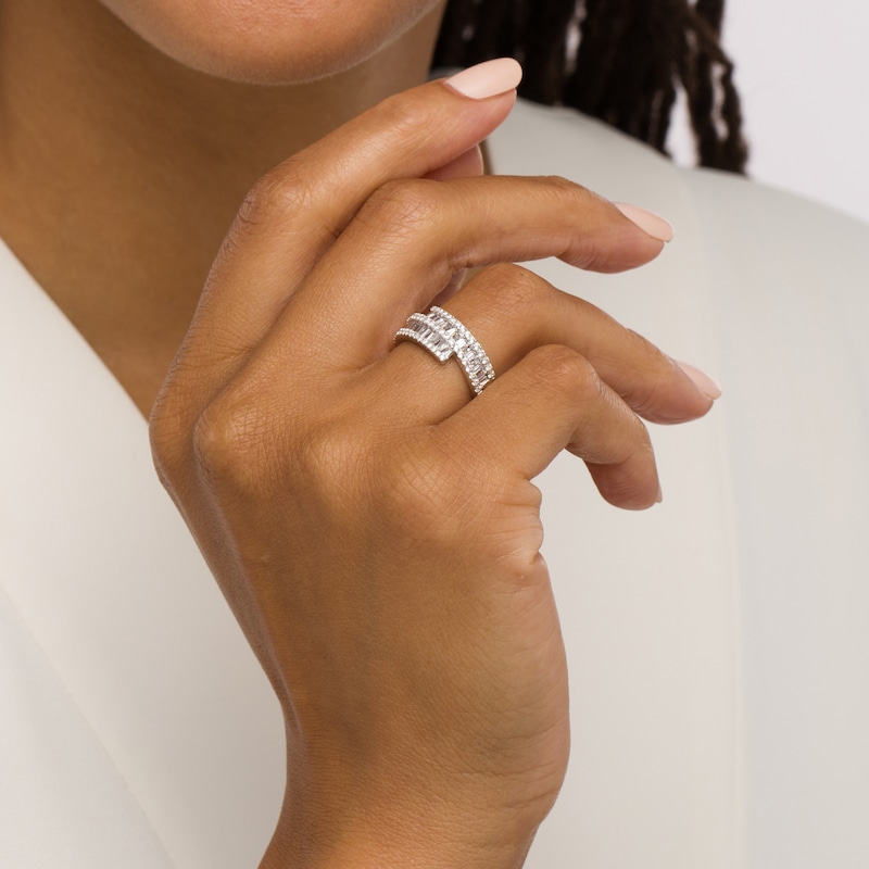 Main Image 2 of 1 CT. T.W. Baguette and Round Diamond Triple Row Ribbon Bypass Ring in 10K White Gold