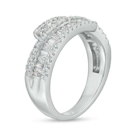 1 CT. T.w. Baguette and Round Diamond Triple Row Ribbon Bypass Ring in 10K White Gold