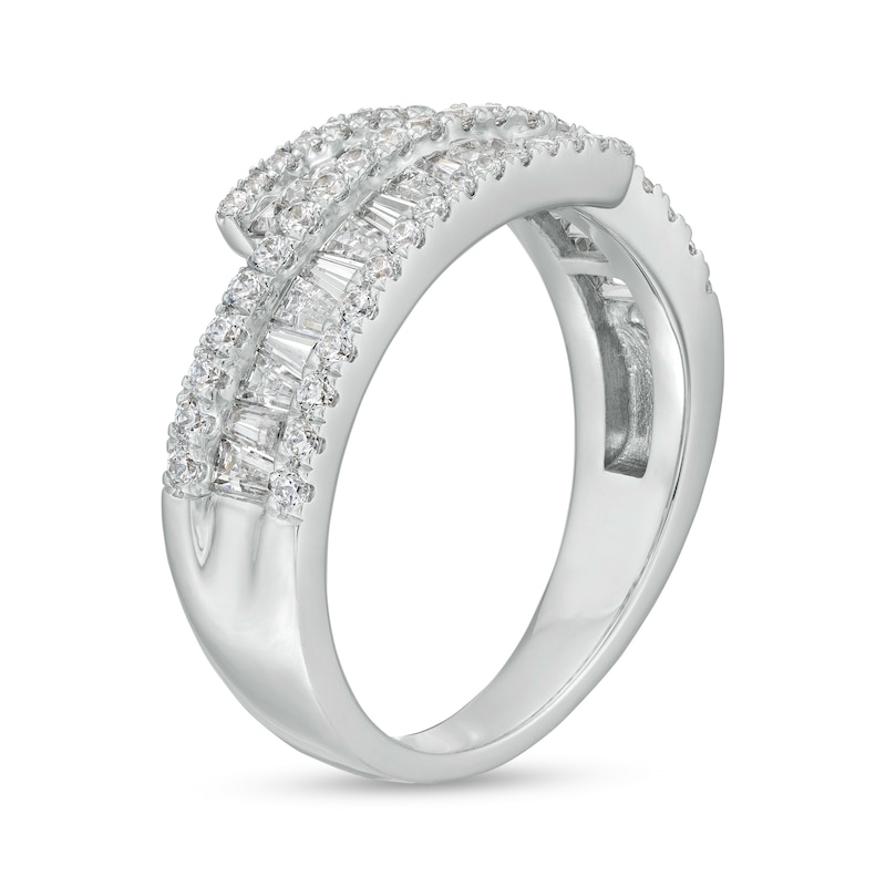 1 CT. T.W. Baguette and Round Diamond Triple Row Ribbon Bypass Ring in 10K White Gold
