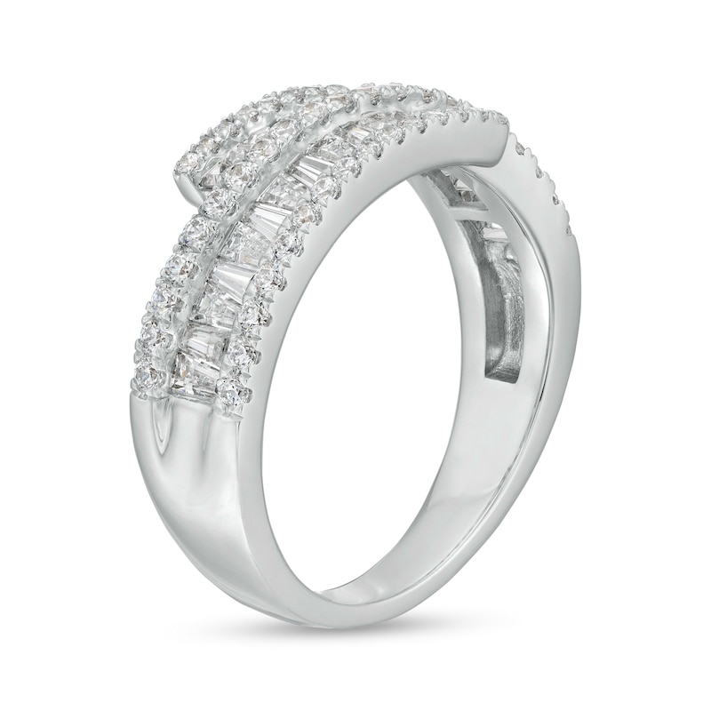 Main Image 3 of 1 CT. T.W. Baguette and Round Diamond Triple Row Ribbon Bypass Ring in 10K White Gold