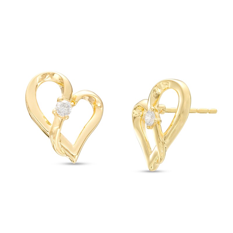 Main Image 1 of Two in Love 1/10 CT. T.W. Diamond Solitaire Crossover Ribbon Loop Heart Stud Earrings in 10K Gold