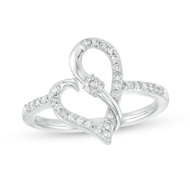Main Image 1 of Two in Love 1/4 CT. T.W. Diamond Crossover Ribbon Loop Heart Ring in 10K White Gold