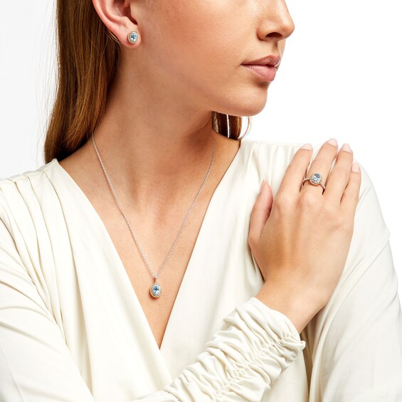 Oval Blue Topaz and White Lab-Created Sapphire Pendant, Earrings and Ring Set in Sterling Silver and 14K Gold Plate