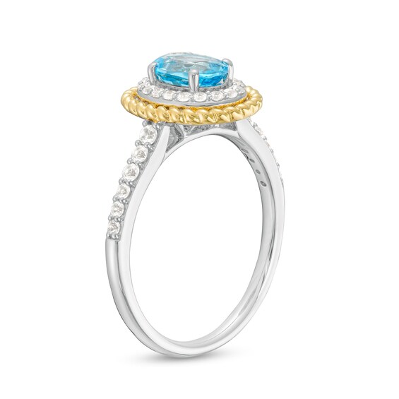 Oval Blue Topaz and White Lab-Created Sapphire Pendant, Earrings and Ring Set in Sterling Silver and 14K Gold Plate