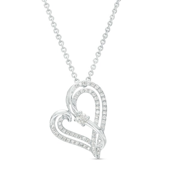 Two in Love 1/2 CT. T.w. Diamond Crossover Ribbon Tilted Double Loop Heart Pendant in 10K White Gold – 19"