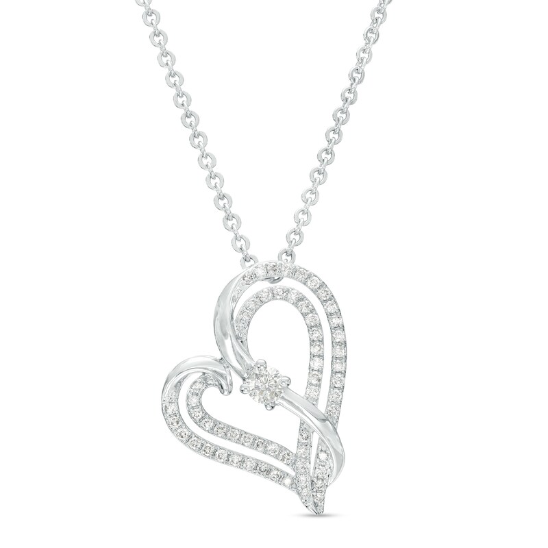 Main Image 1 of Two in Love 1/2 CT. T.W. Diamond Crossover Ribbon Tilted Double Loop Heart Pendant in 10K White Gold – 19"