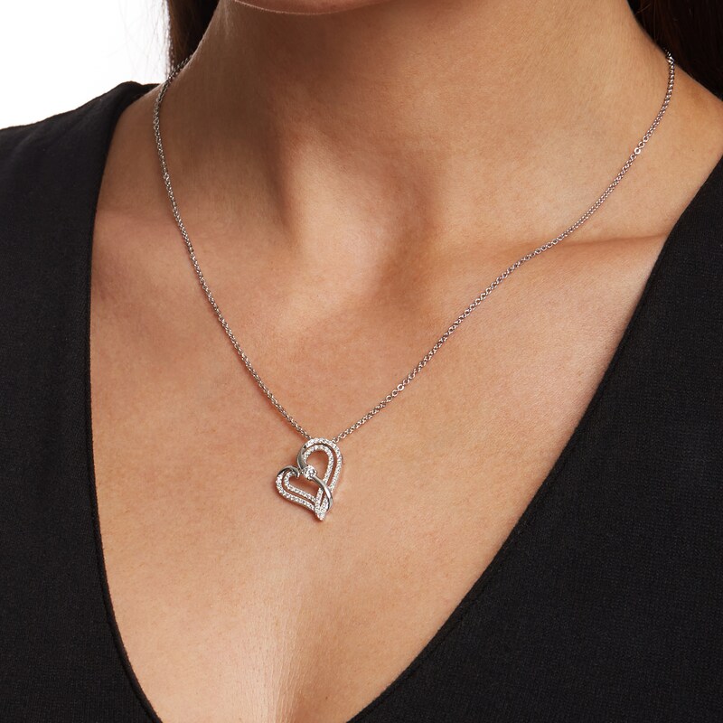 Main Image 2 of Two in Love 1/2 CT. T.W. Diamond Crossover Ribbon Tilted Double Loop Heart Pendant in 10K White Gold – 19"