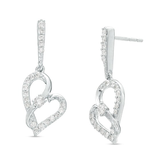Two in Love 1/3 CT. T.w. Diamond Crossover Ribbon Tilted Loop Heart Drop Earrings in 10K White Gold