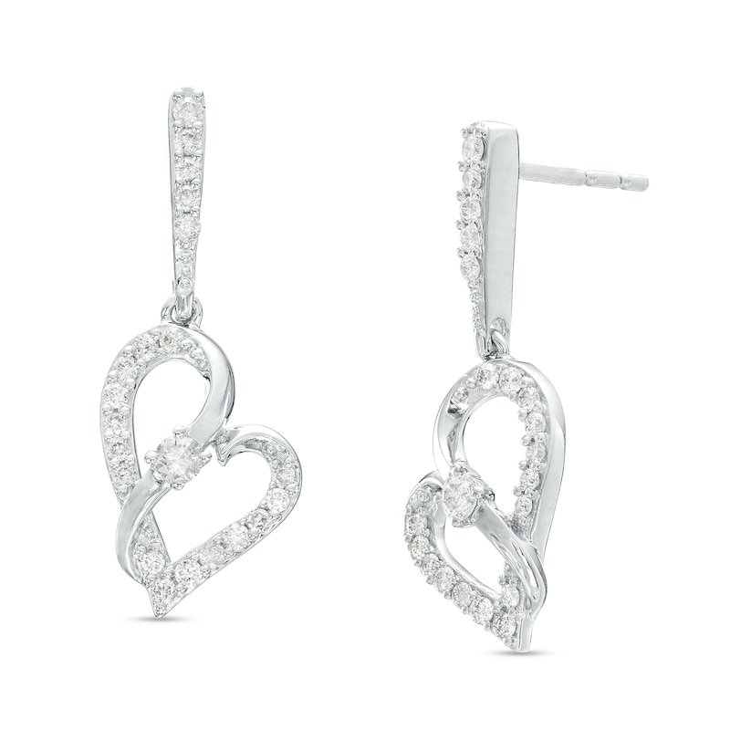 Main Image 1 of Two in Love 1/3 CT. T.W. Diamond Crossover Ribbon Tilted Loop Heart Drop Earrings in 10K White Gold