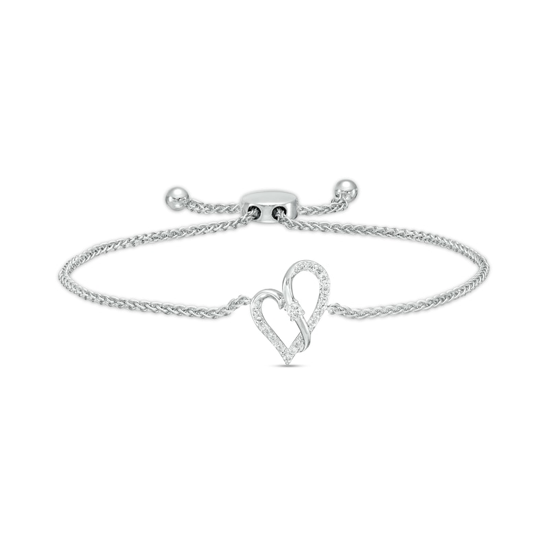 Main Image 1 of Two in Love 1/6 CT. T.W. Diamond Crossover Ribbon Loop Heart Bolo Bracelet in 10K White Gold – 9.5"