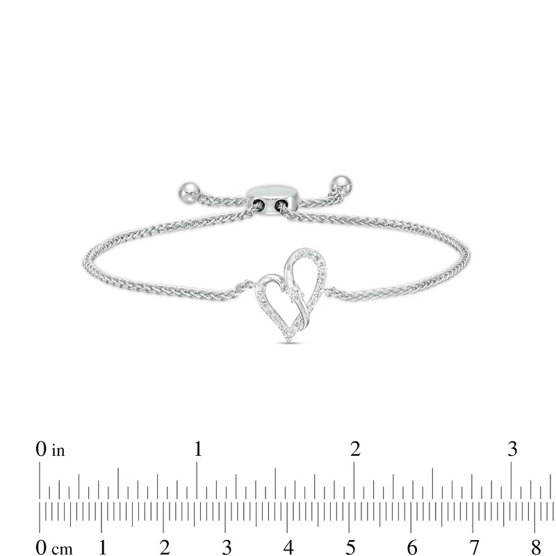 Main Image 3 of Two in Love 1/6 CT. T.W. Diamond Crossover Ribbon Loop Heart Bolo Bracelet in 10K White Gold – 9.5"