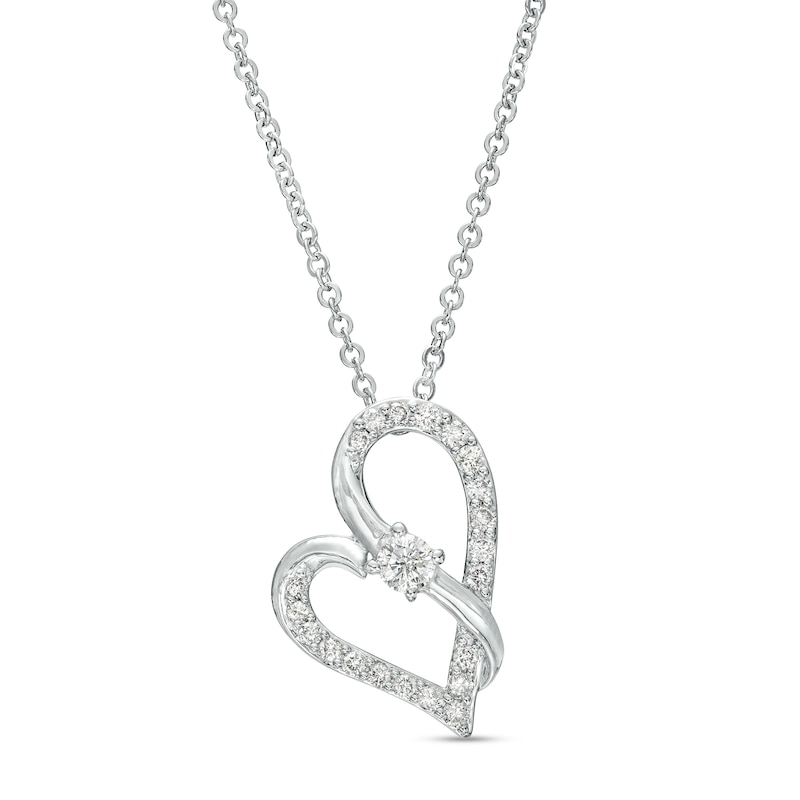 Main Image 1 of Two in Love 1/4 CT. T.W. Diamond Crossover Ribbon Tilted Loop Heart Pendant in 10K White Gold – 19"