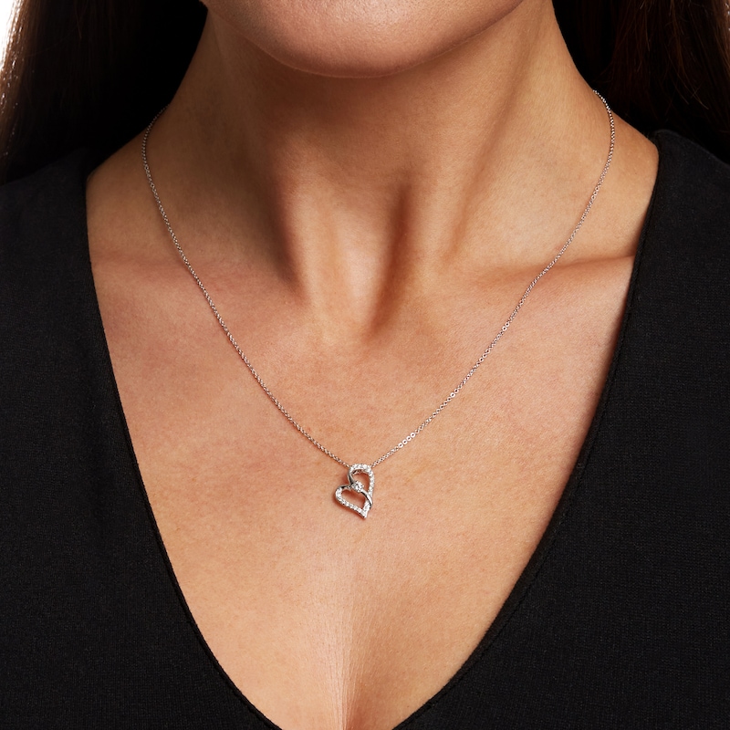 Main Image 2 of Two in Love 1/4 CT. T.W. Diamond Crossover Ribbon Tilted Loop Heart Pendant in 10K White Gold – 19"