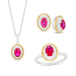 Oval Lab-Created Ruby and White Lab-Created Sapphire Frame Three Piece Set in Sterling Silver with 14K Gold Plate - Size 7