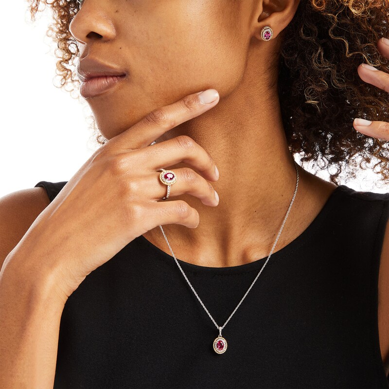 Main Image 2 of Oval Lab-Created Ruby and White Lab-Created Sapphire Frame Three Piece Set in Sterling Silver with 14K Gold Plate - Size 7