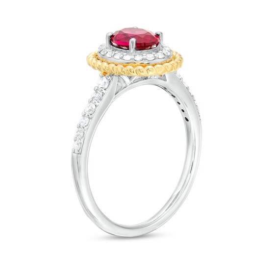Oval Lab-Created Ruby and White Lab-Created Sapphire Frame Three Piece Set in Sterling Silver with 14K Gold Plate - Size 7