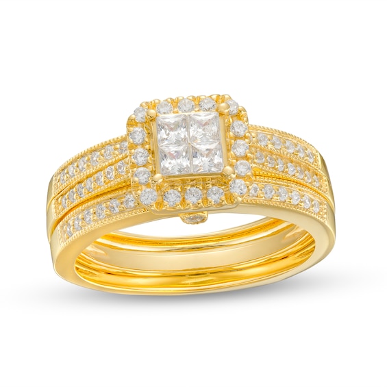 3/4 CT. T.w. Quad Princess-Cut Diamond Frame Bridal Set in 10K Gold (I/I2)