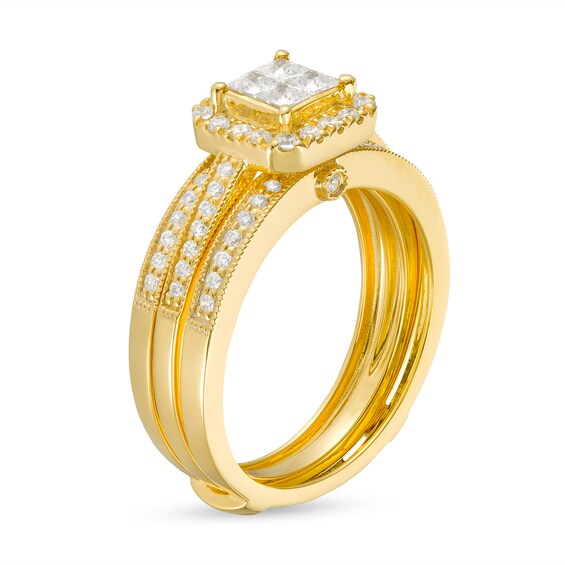 3/4 CT. T.w. Quad Princess-Cut Diamond Frame Bridal Set in 10K Gold (I/I2)