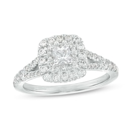 1 CT. T.W. Princess-Cut Diamond Double Cushion-Shaped Frame Split Shank Engagement Ring in 14K White Gold