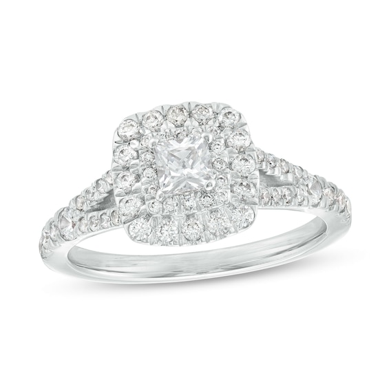 1 CT. T.w. Princess-Cut Diamond Double Cushion-Shaped Frame Split Shank Engagement Ring in 14K White Gold