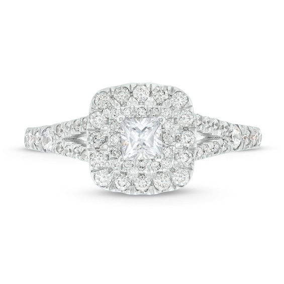 1 CT. T.w. Princess-Cut Diamond Double Cushion-Shaped Frame Split Shank Engagement Ring in 14K White Gold